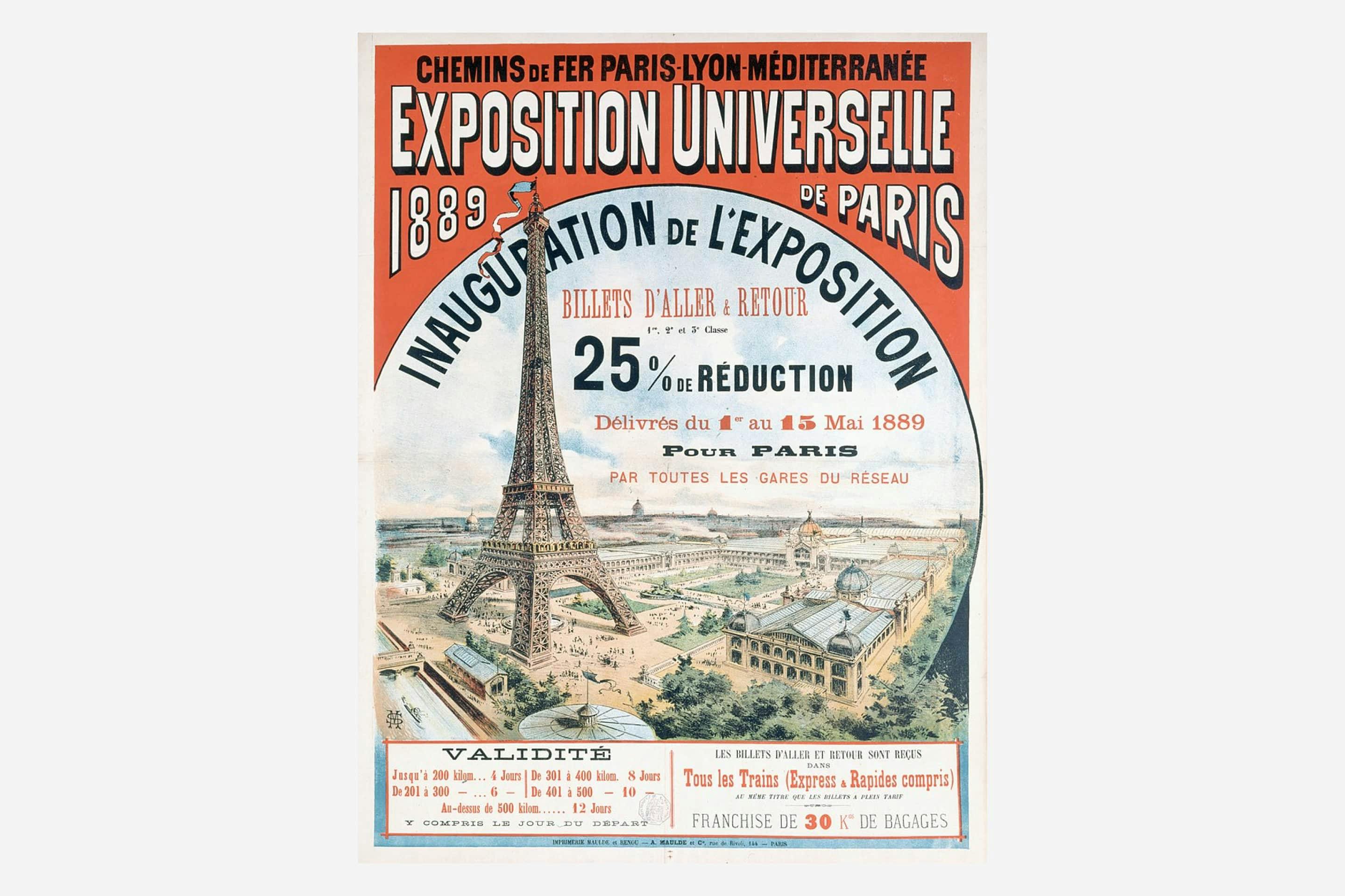 Poster cu Expoziția din Paris din 1889 cu o reprezentare a Turnului Eiffel.