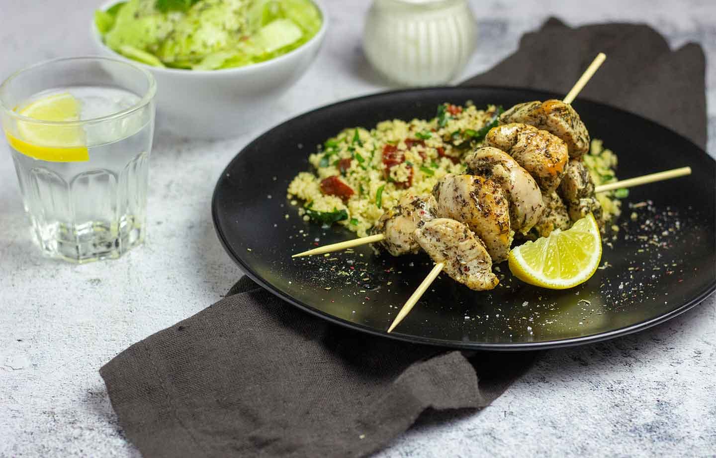 Delicious chicken skewers spices with our organic herbs.